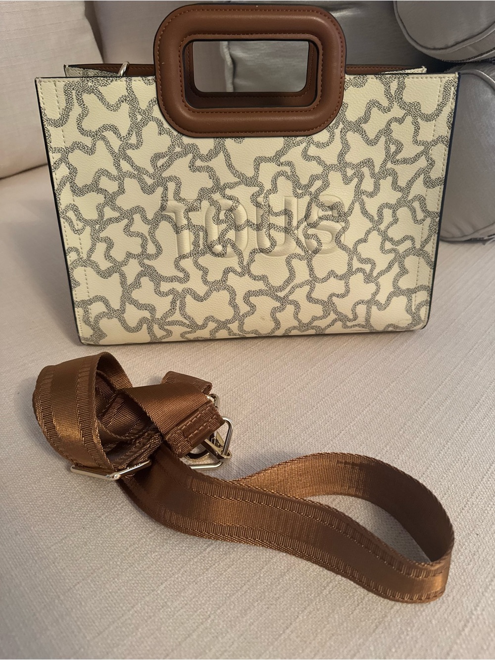 Tous Cream Tote with Brown Leather Handles and Strap